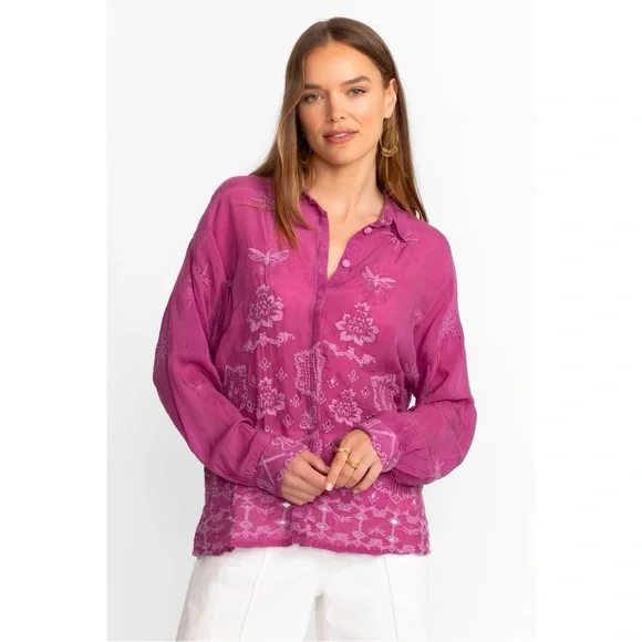 NWT Johnny Was Embroidered Floral Daiso Button Up Scallop Long Sleeve Blouse - Picture 12 of 12